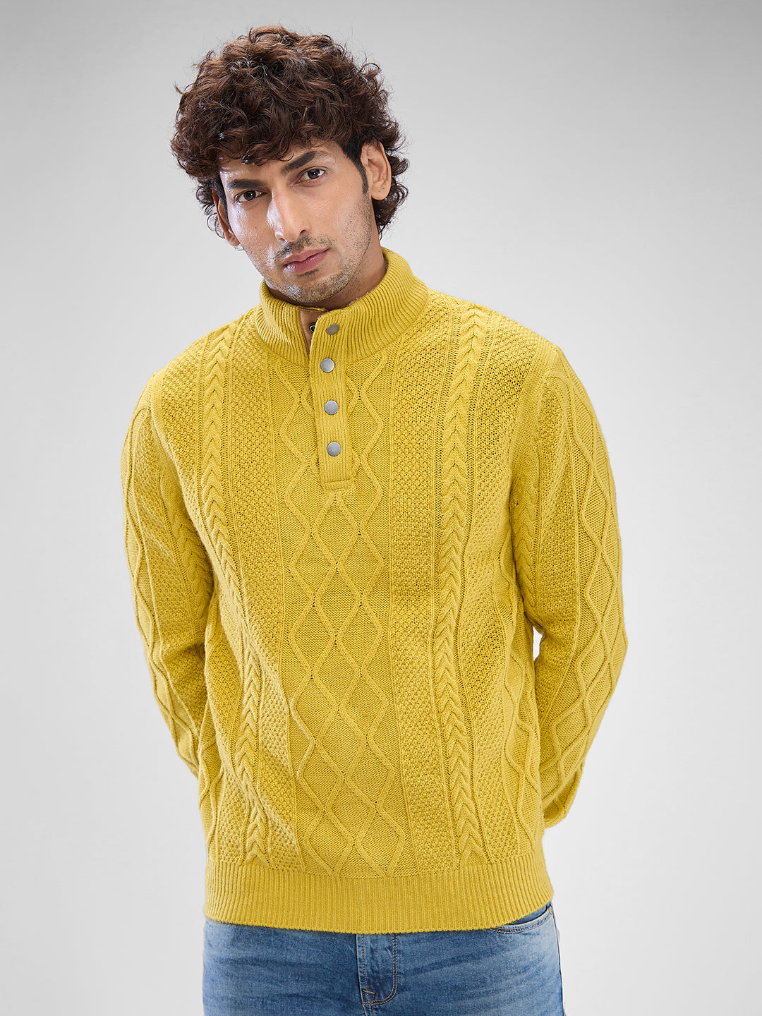 Spykar Sulphur Yellow Cotton Full Sleeve Sweater For Men