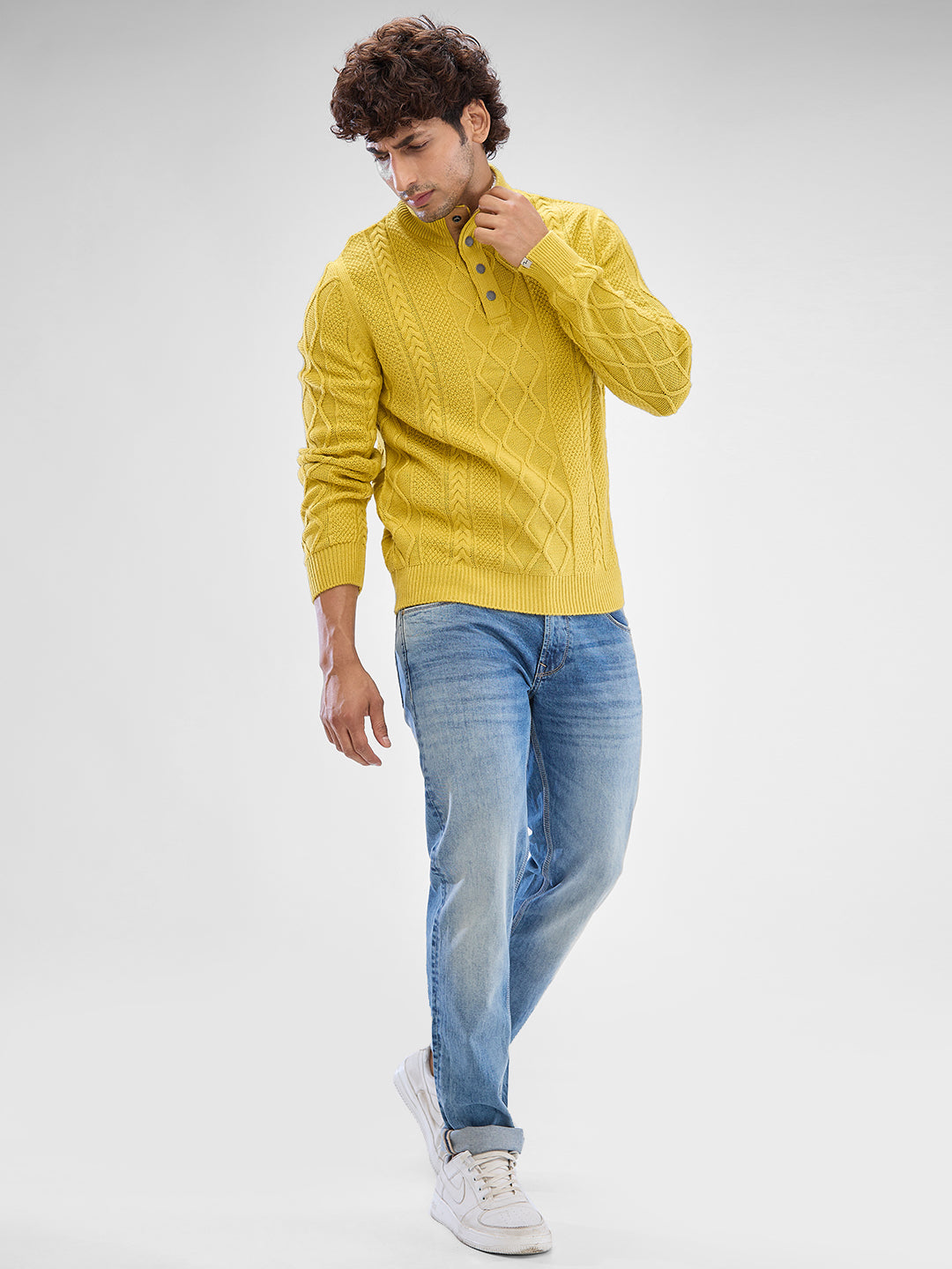 Spykar Sulphur Yellow Cotton Full Sleeve Sweater For Men