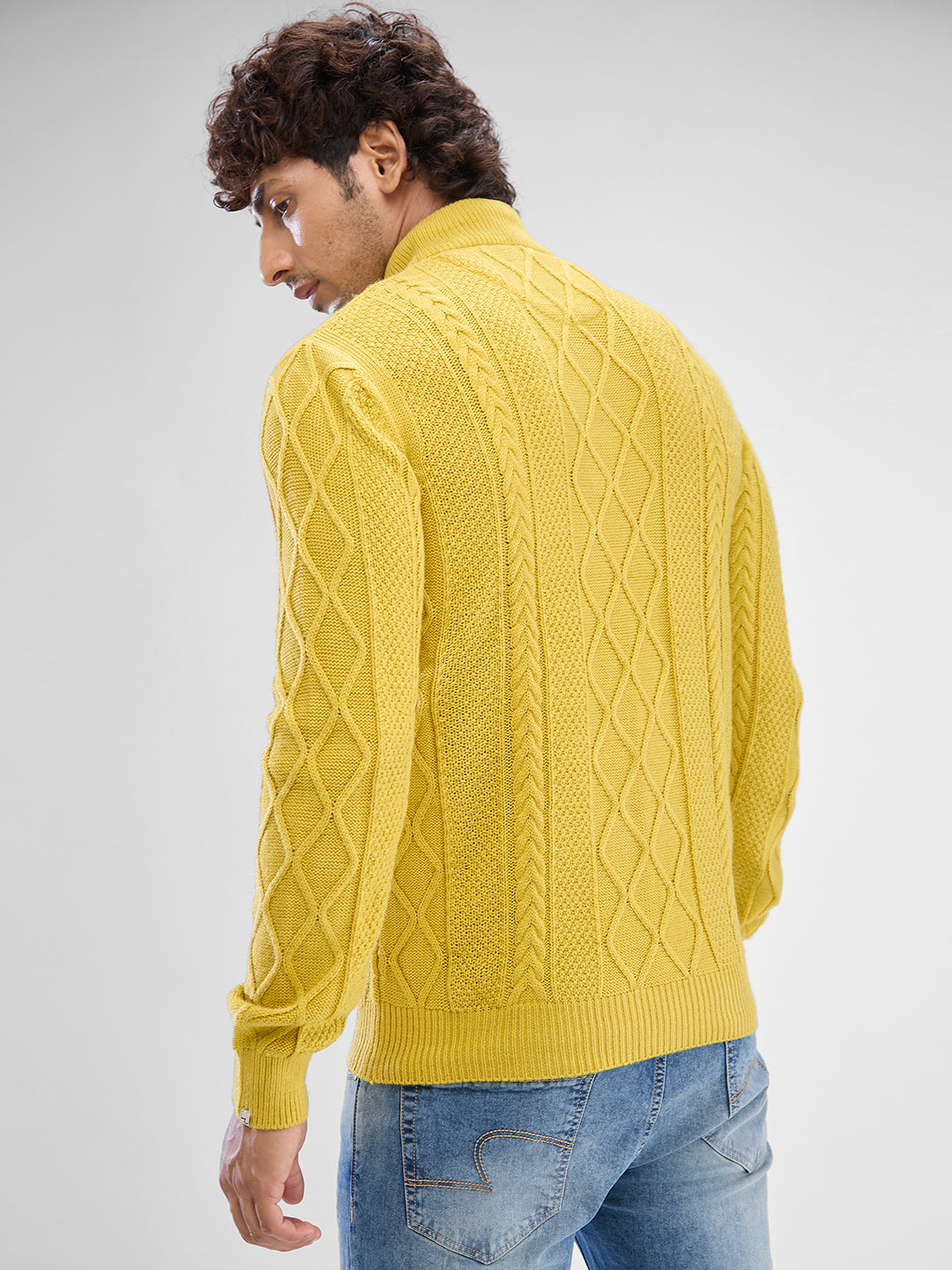 Spykar Sulphur Yellow Cotton Full Sleeve Sweater For Men