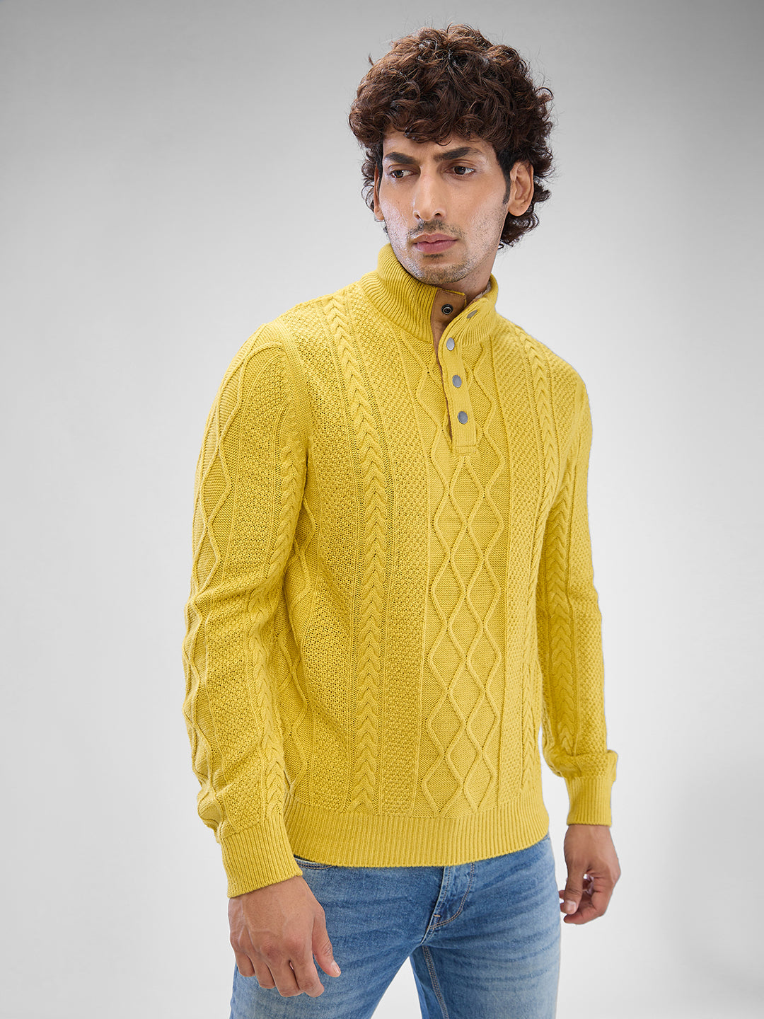 Spykar Sulphur Yellow Cotton Full Sleeve Sweater For Men