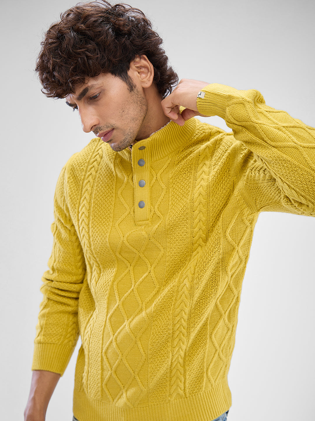 Spykar Sulphur Yellow Cotton Full Sleeve Sweater For Men