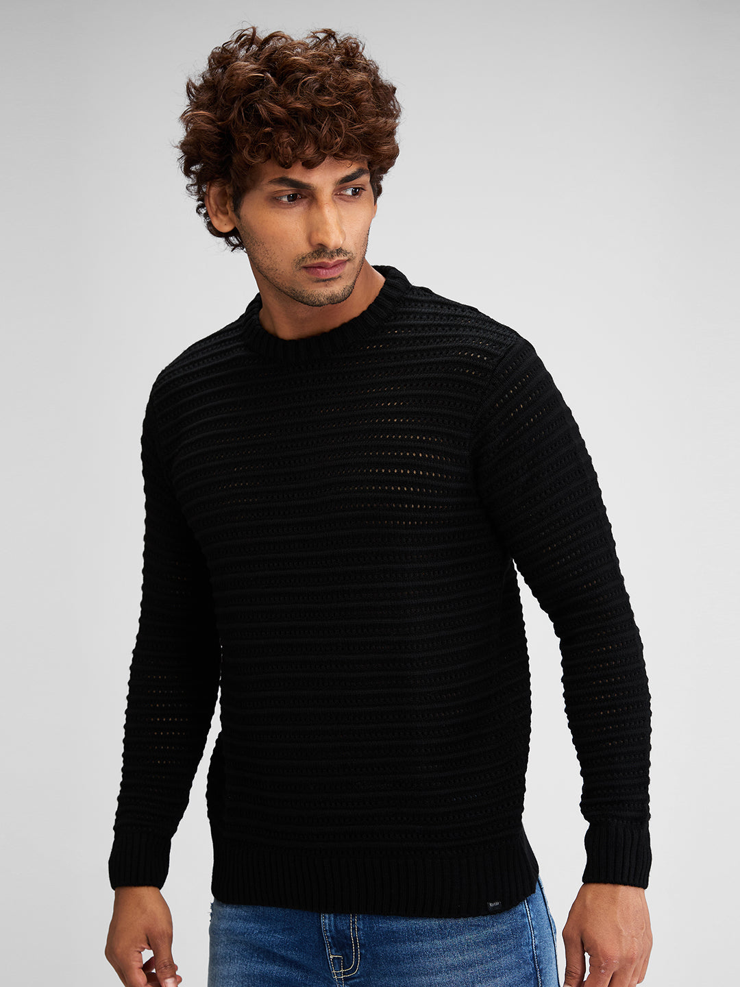 Spykar Men Solid Black Comfort Fit Full Sleeves Sweater