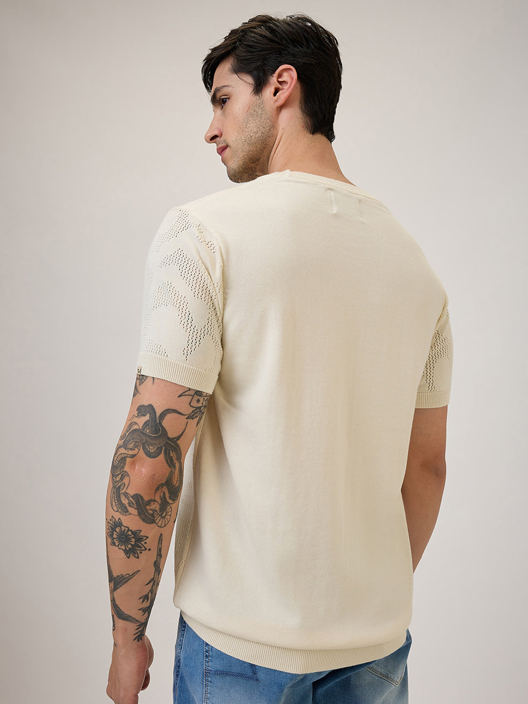 Spykar Regular Fit Half Sleeve Beige Casual T-Shirt For Men