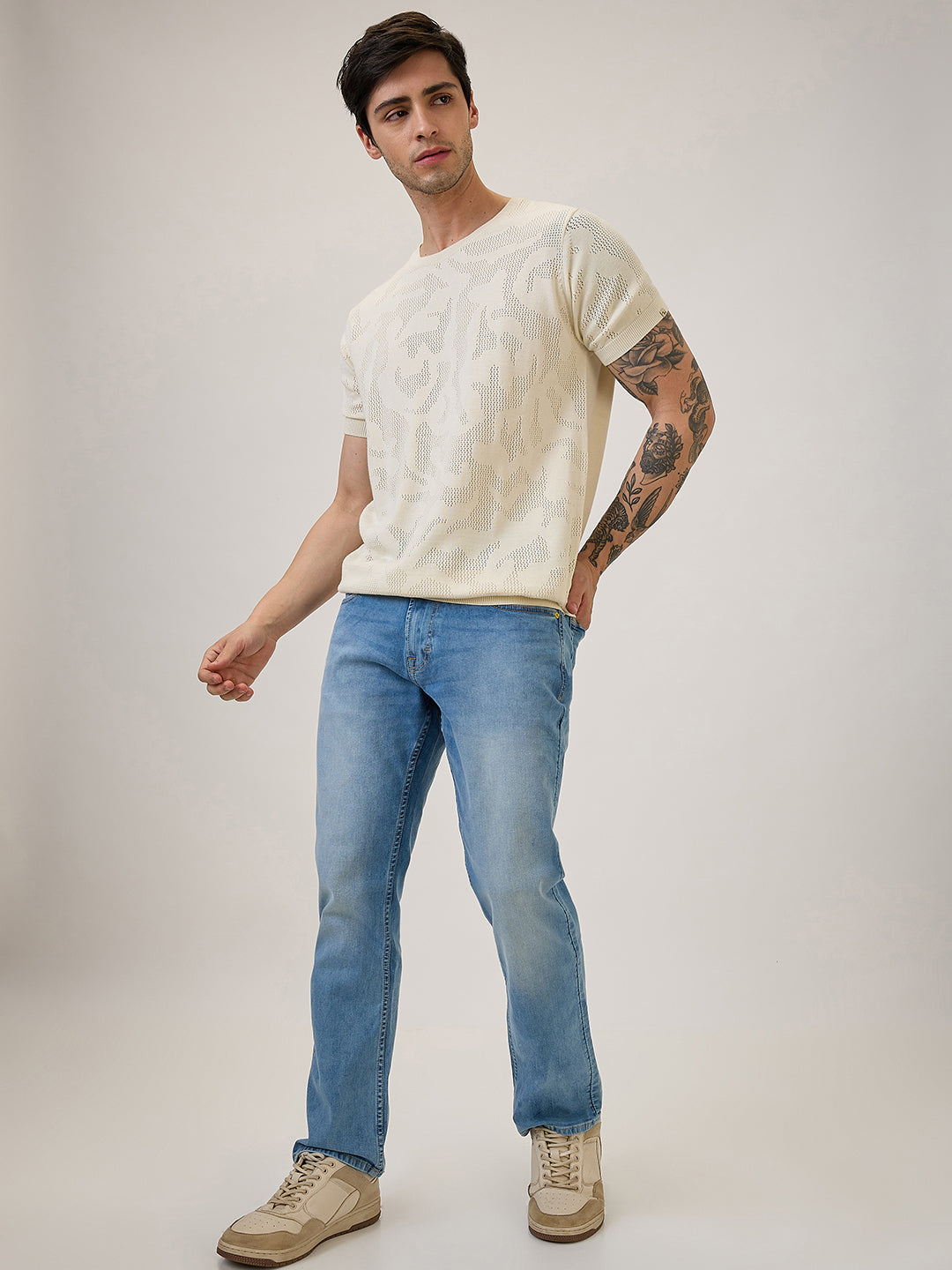 Spykar Regular Fit Half Sleeve Beige Casual T-Shirt For Men