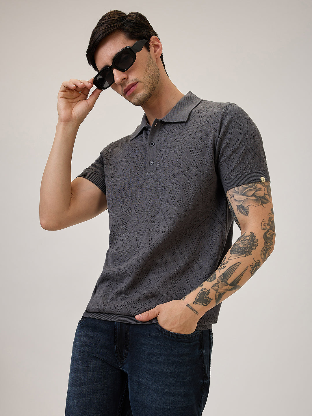 Spykar Regular Fit Half Sleeve Grey Casual T-Shirt For Men