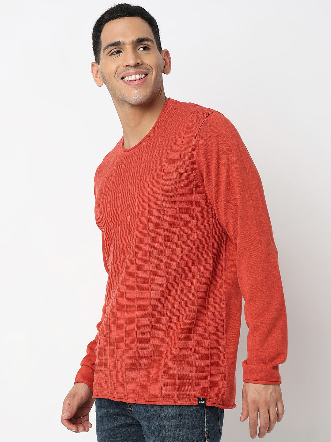 Spykar Striped Self Design Round Neck Cotton Pullover Sweater