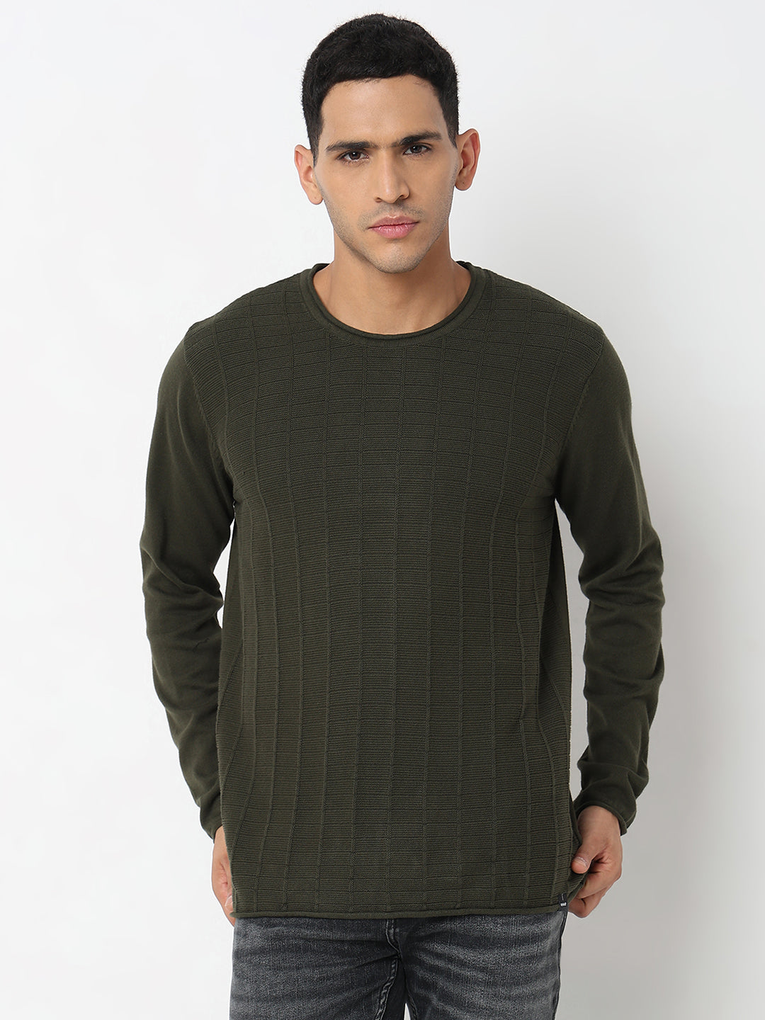 Spykar Striped Self Design Round Neck Cotton Pullover Sweater