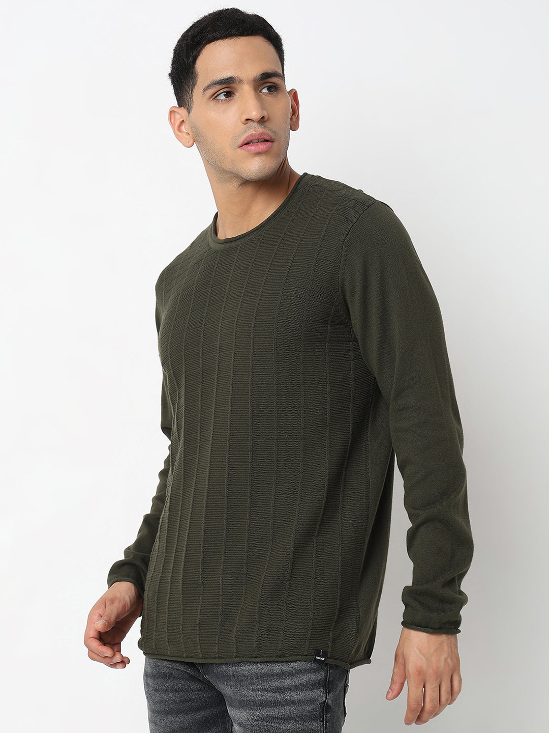 Spykar Striped Self Design Round Neck Cotton Pullover Sweater