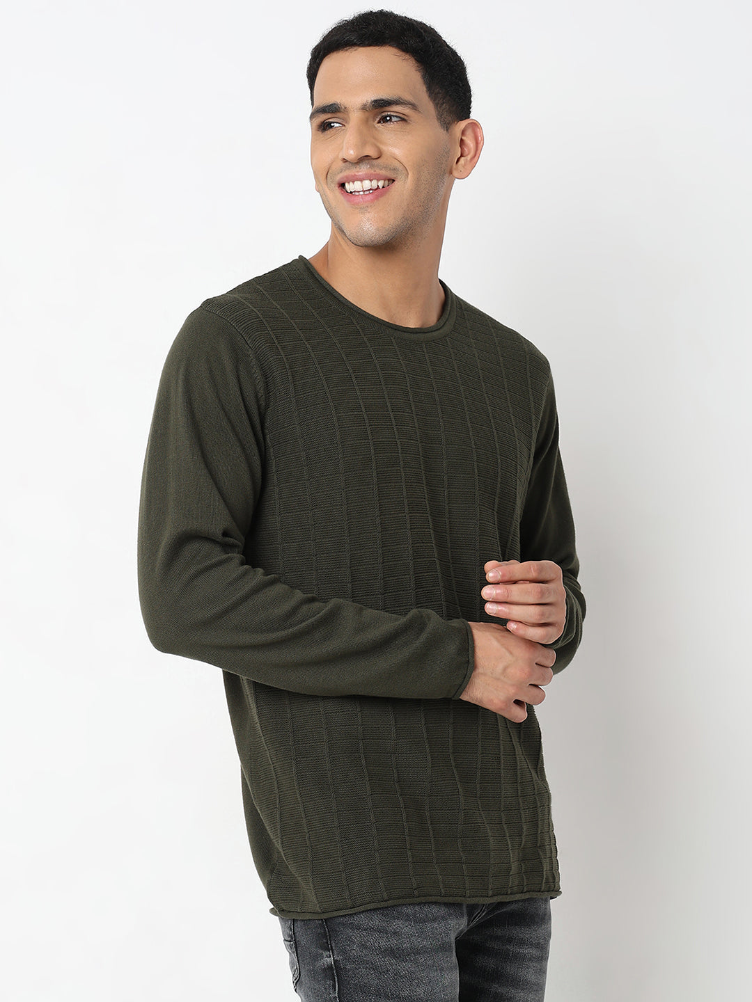 Spykar Striped Self Design Round Neck Cotton Pullover Sweater