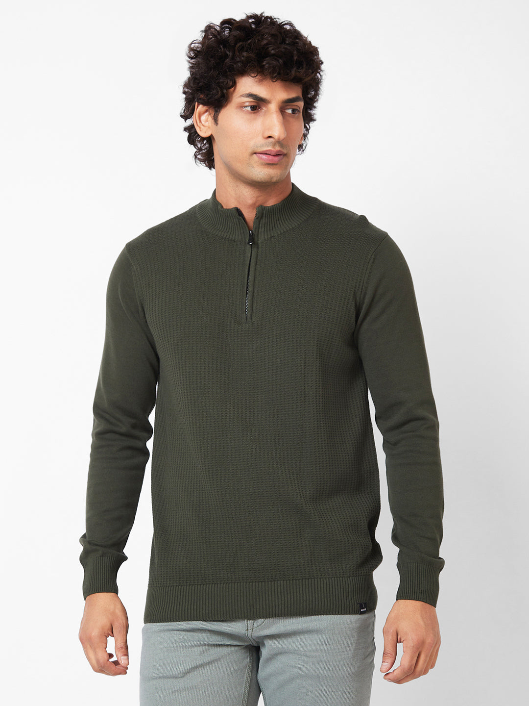 Spykar Polo Collar Full Sleeves Green Sweater For Men