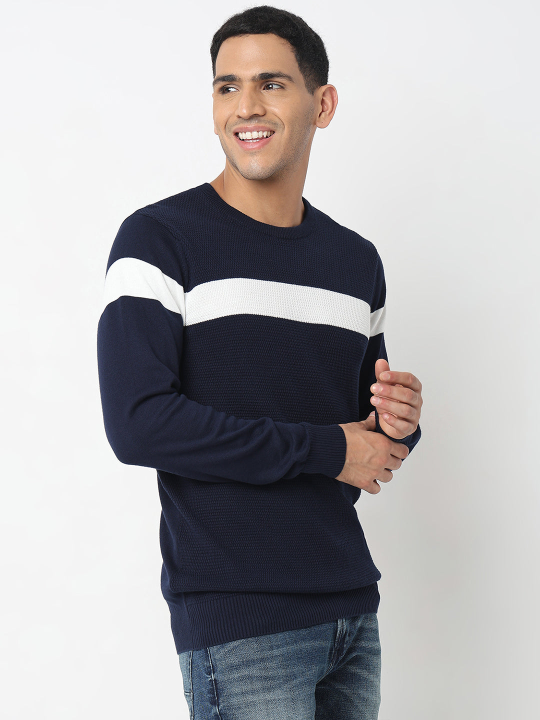 Spykar Striped Round Neck Cotton Pullover Sweater