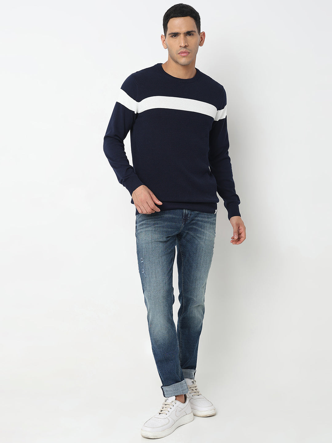 Spykar Striped Round Neck Cotton Pullover Sweater