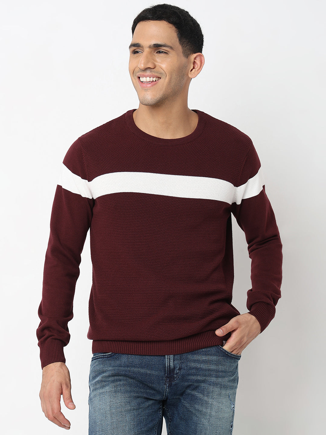 Spykar Colourblocked Round Neck Long Sleeves Cotton Pullover Sweater