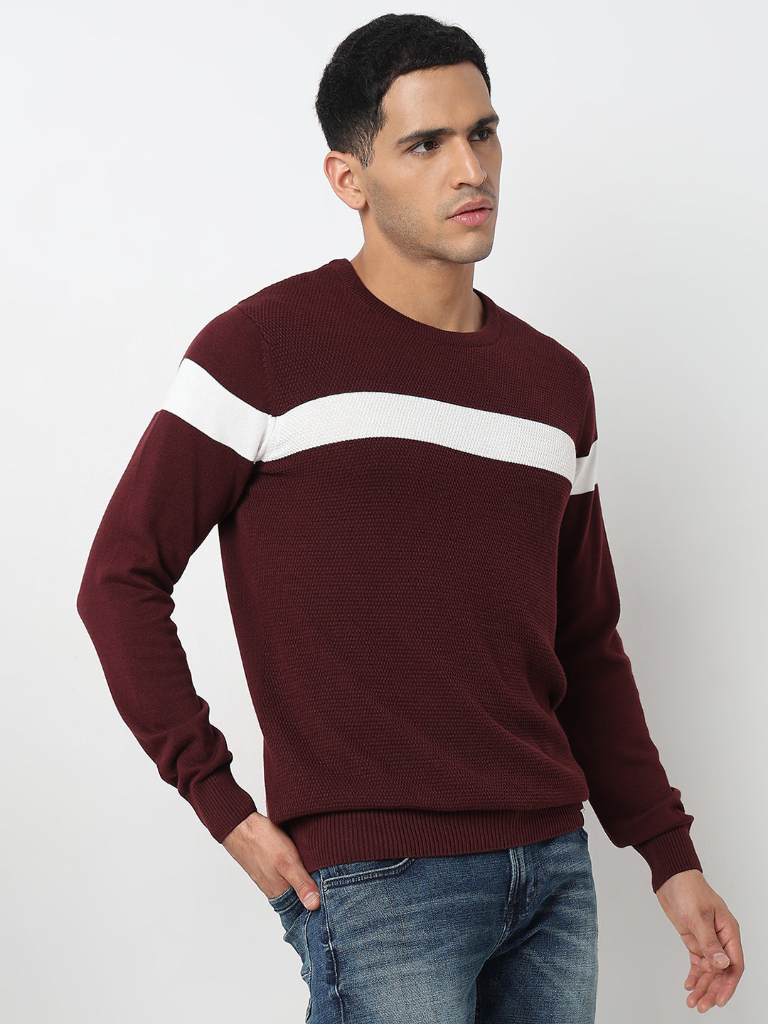 Spykar Colourblocked Round Neck Long Sleeves Cotton Pullover Sweater