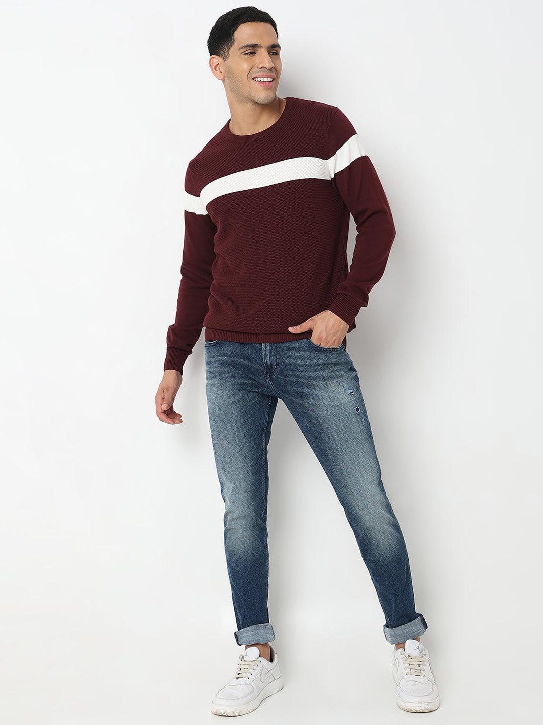 Spykar Colourblocked Round Neck Long Sleeves Cotton Pullover Sweater