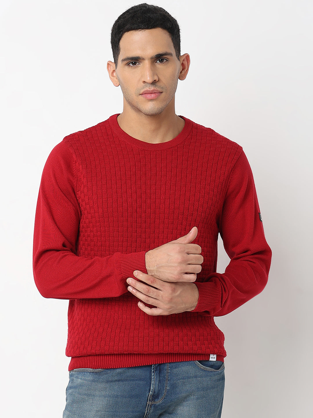 Spykar Geometric Self Design Cotton Pullover Sweater