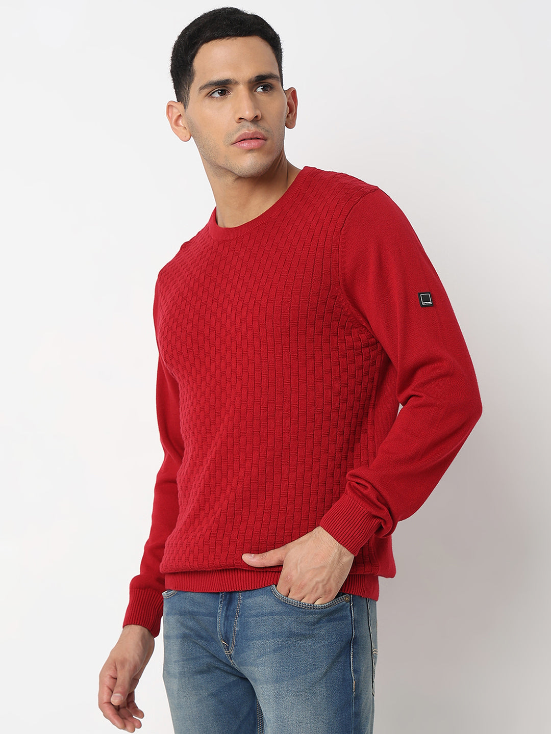 Spykar Geometric Self Design Cotton Pullover Sweater