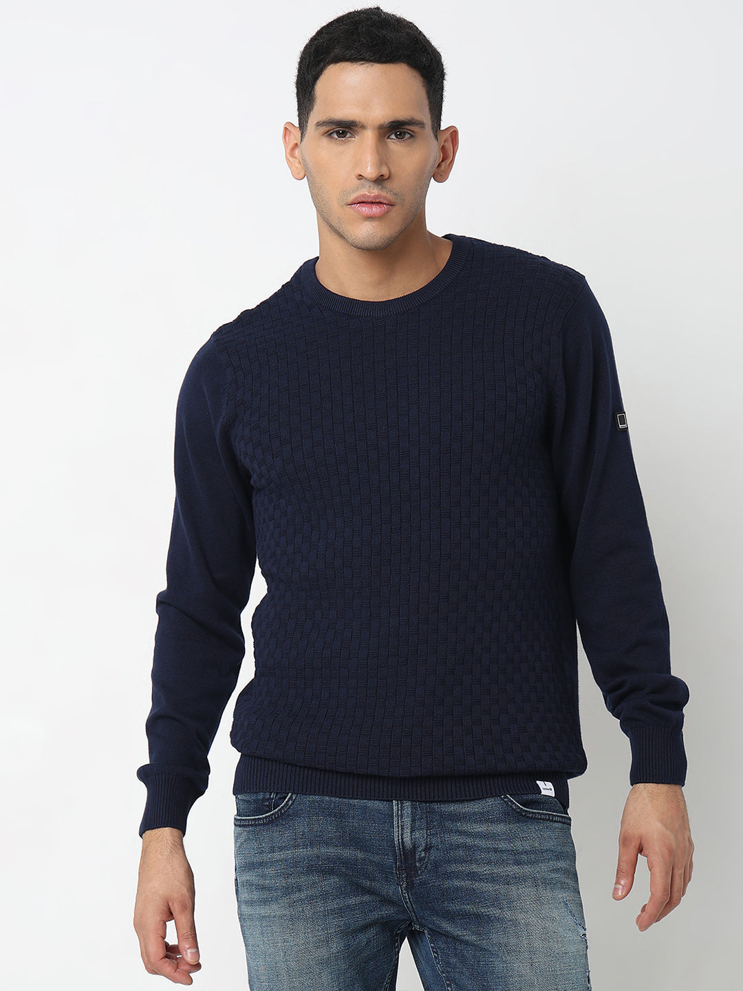 Spykar Cable Knit Round Neck Long Sleeves Cotton Pullover Sweater