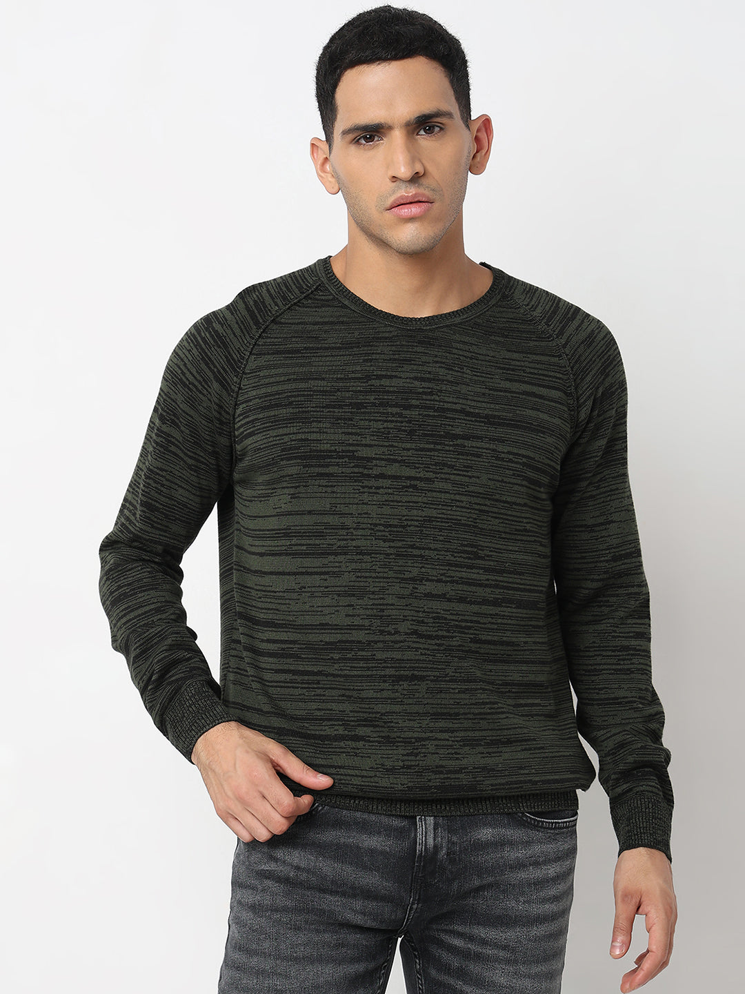 Spykar Cable Knit Round Neck Long Sleeves Cotton Pullover Sweater