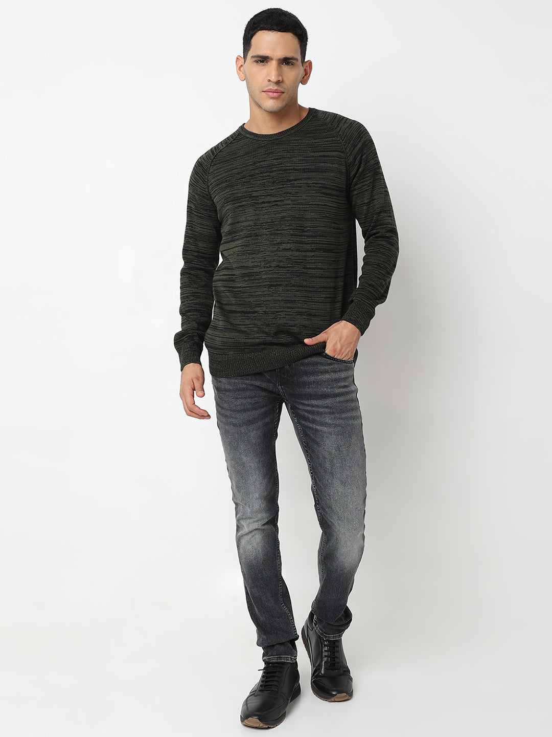 Spykar Cable Knit Round Neck Long Sleeves Cotton Pullover Sweater