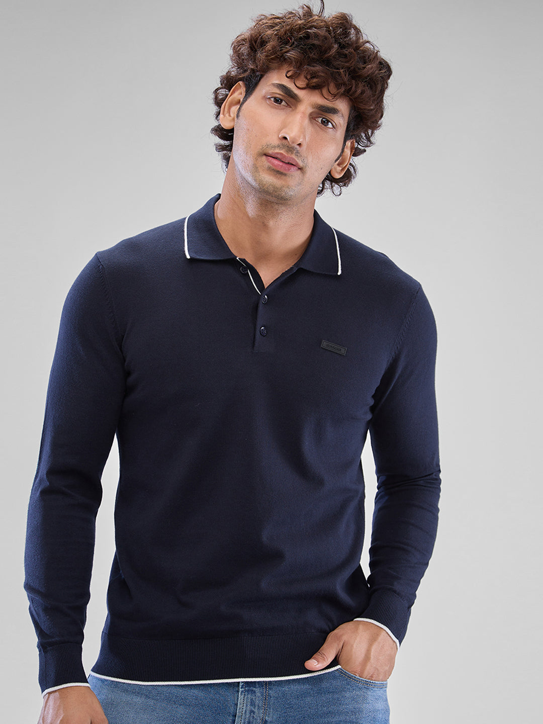 Spykar Navy Blue Cotton Full Sleeve Sweater For Men