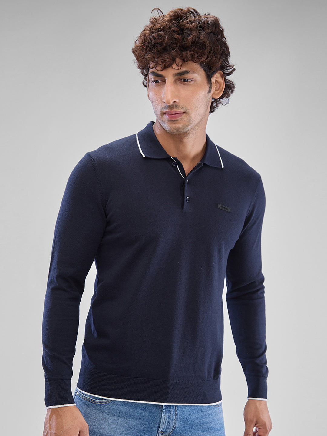 Spykar Navy Blue Cotton Full Sleeve Sweater For Men