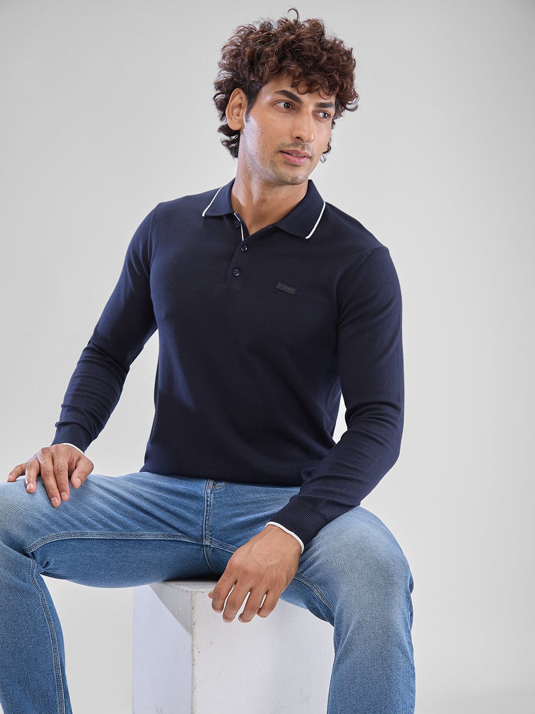 Spykar Navy Blue Cotton Full Sleeve Sweater For Men