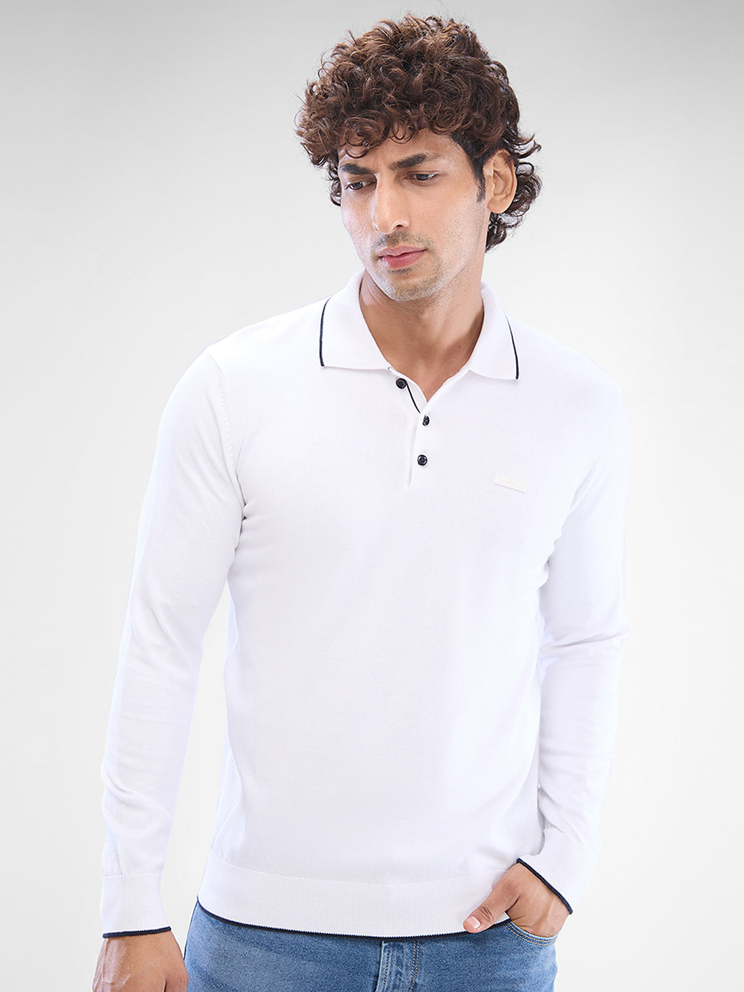 Spykar White Cotton Full Sleeve Sweater For Men