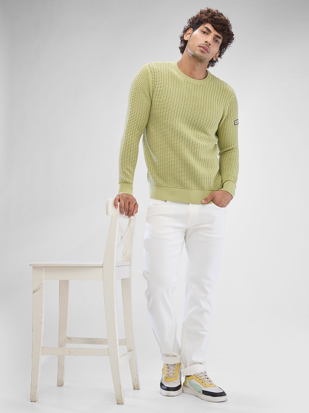 Spykar Beechnut Green Cotton Full Sleeve Sweater For Men