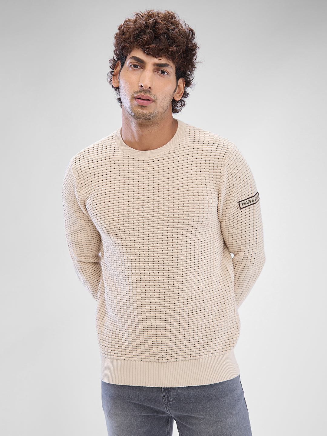 Spykar Cream White Cotton Full Sleeve Sweater For Men