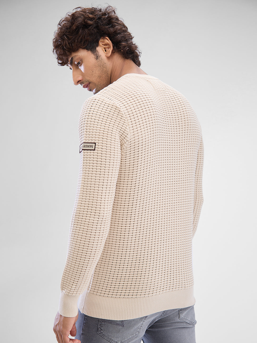 Spykar Cream White Cotton Full Sleeve Sweater For Men