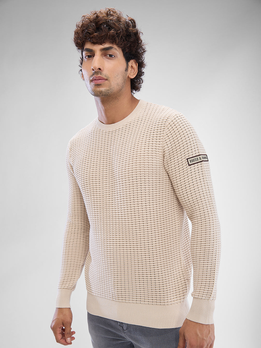 Spykar Cream White Cotton Full Sleeve Sweater For Men