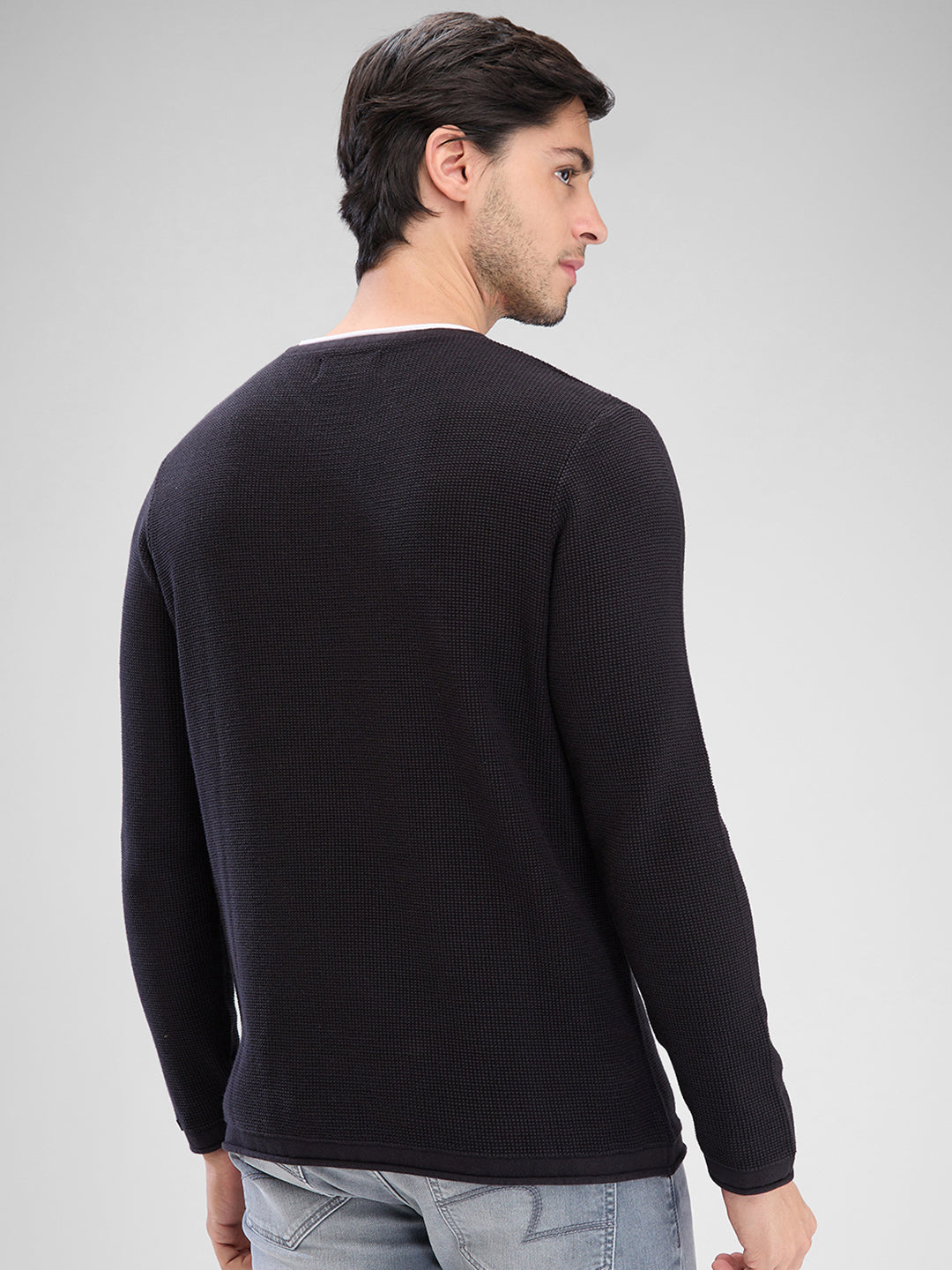 Spykar Black Cotton Full Sleeve  Sweater For Men