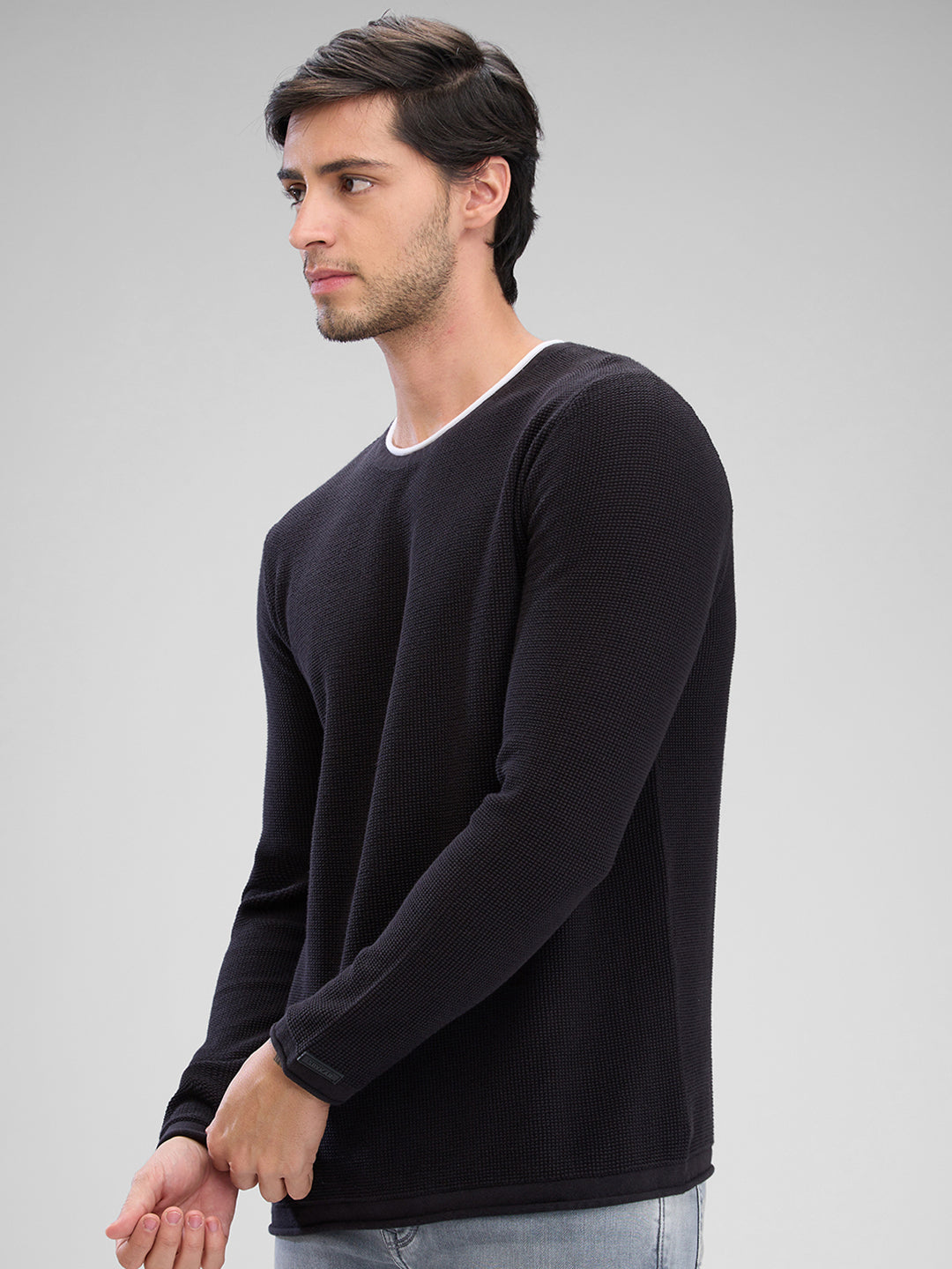 Spykar Black Cotton Full Sleeve  Sweater For Men