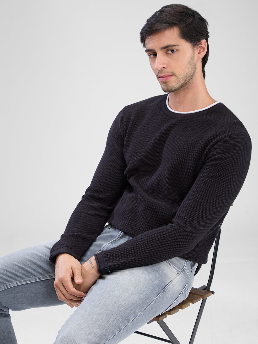 Spykar Black Cotton Full Sleeve  Sweater For Men