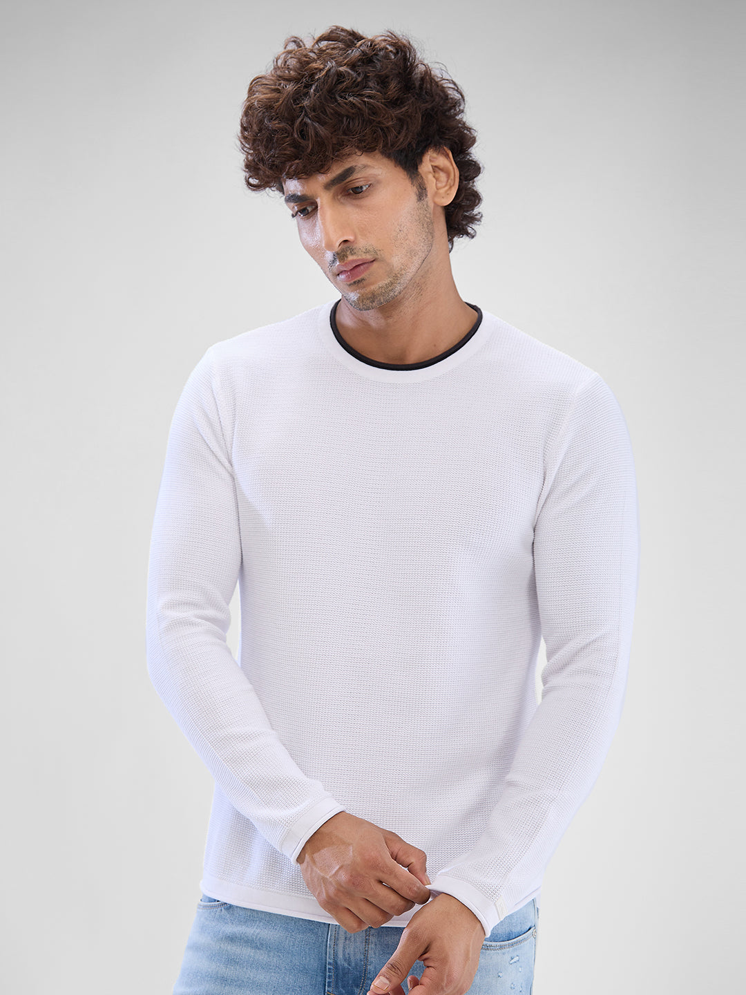 Spykar White Cotton Full Sleeve  Sweater For Men