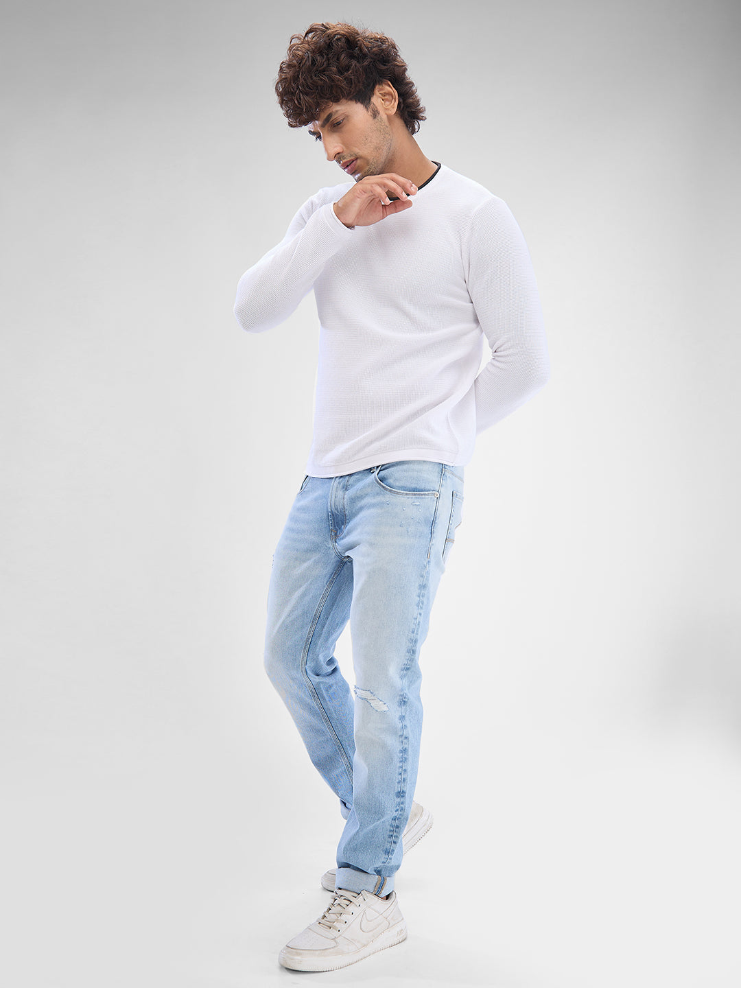 Spykar White Cotton Full Sleeve  Sweater For Men