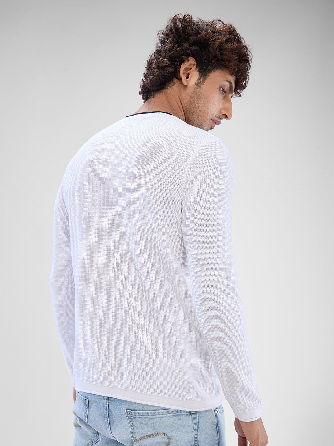 Spykar White Cotton Full Sleeve  Sweater For Men