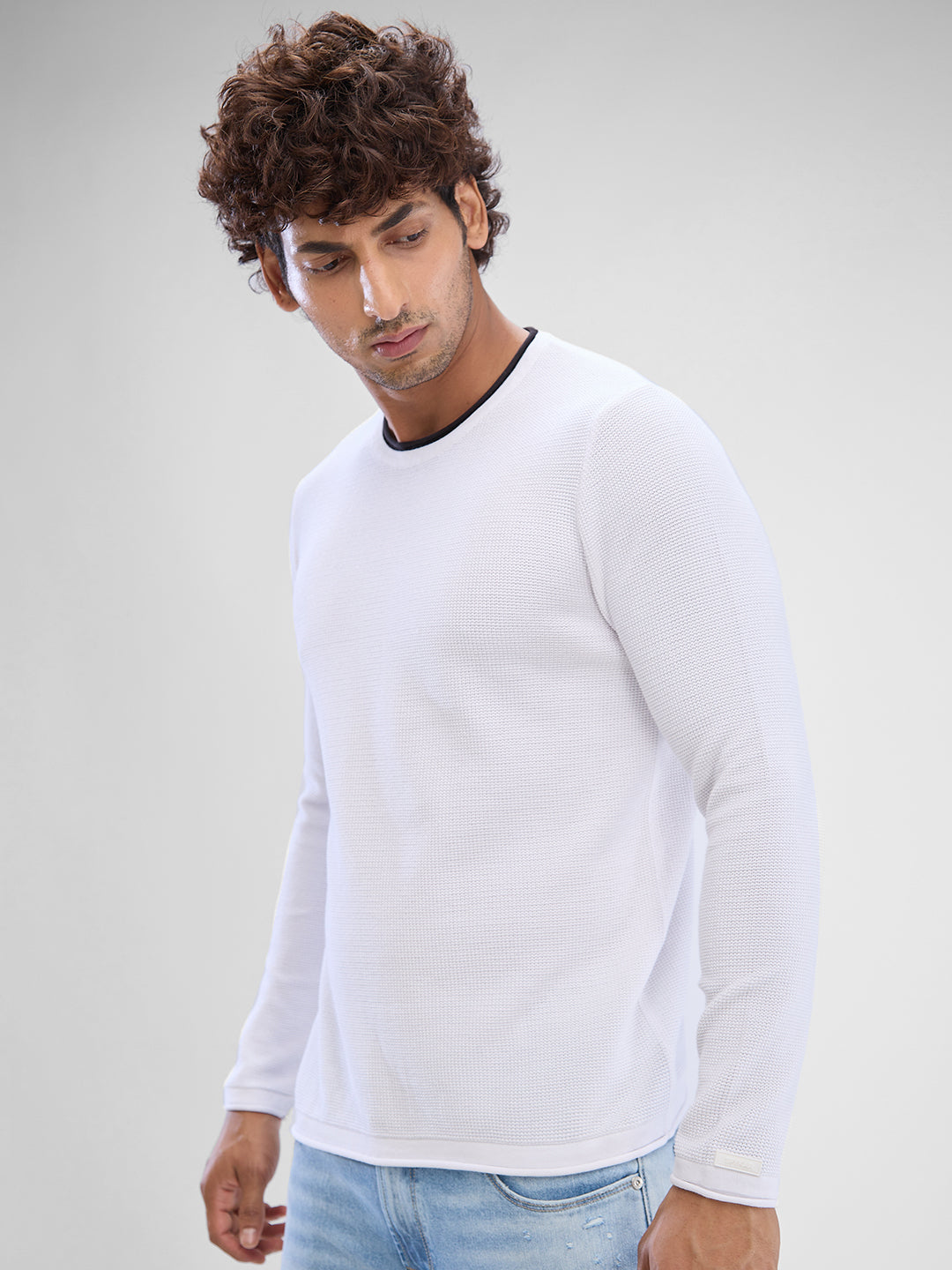 Spykar White Cotton Full Sleeve  Sweater For Men