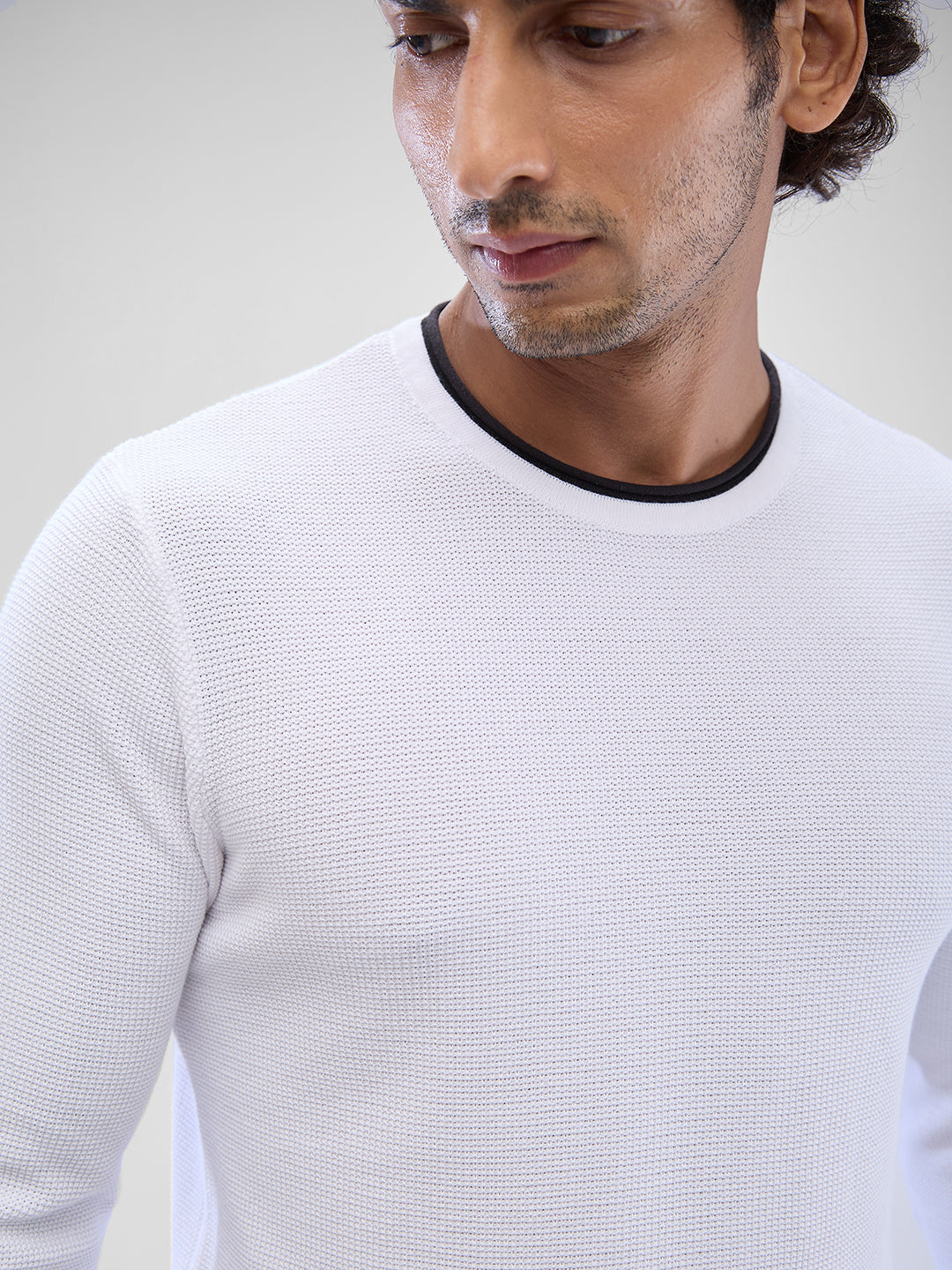 Spykar White Cotton Full Sleeve  Sweater For Men