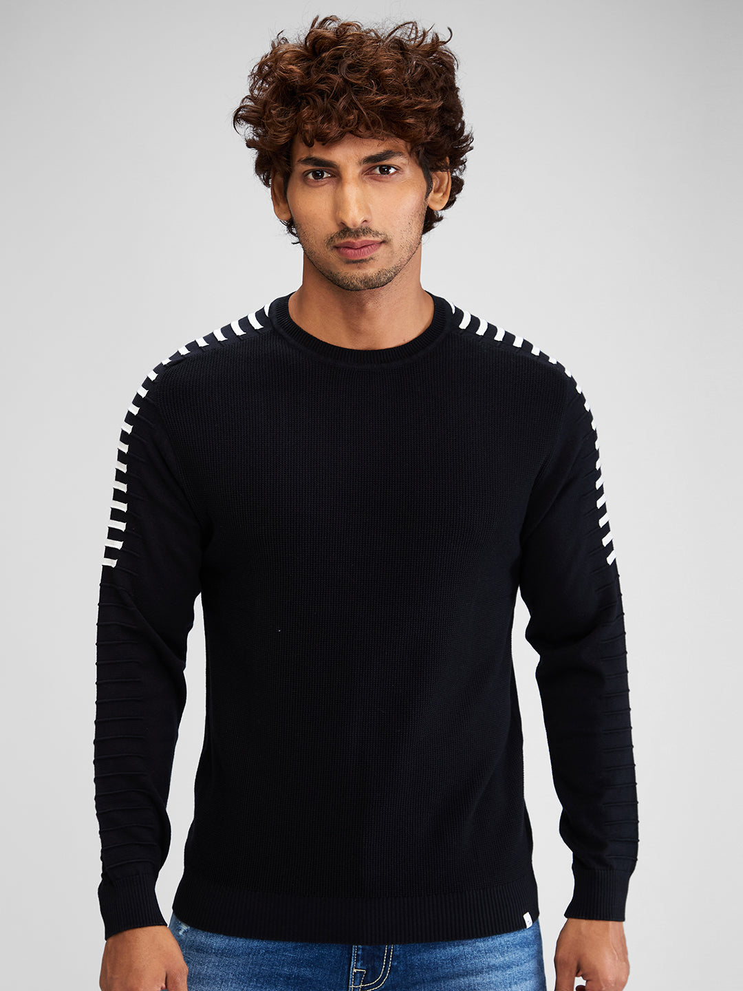 Spykar Men Solid Blue Regular Fit Full Sleeves Sweater