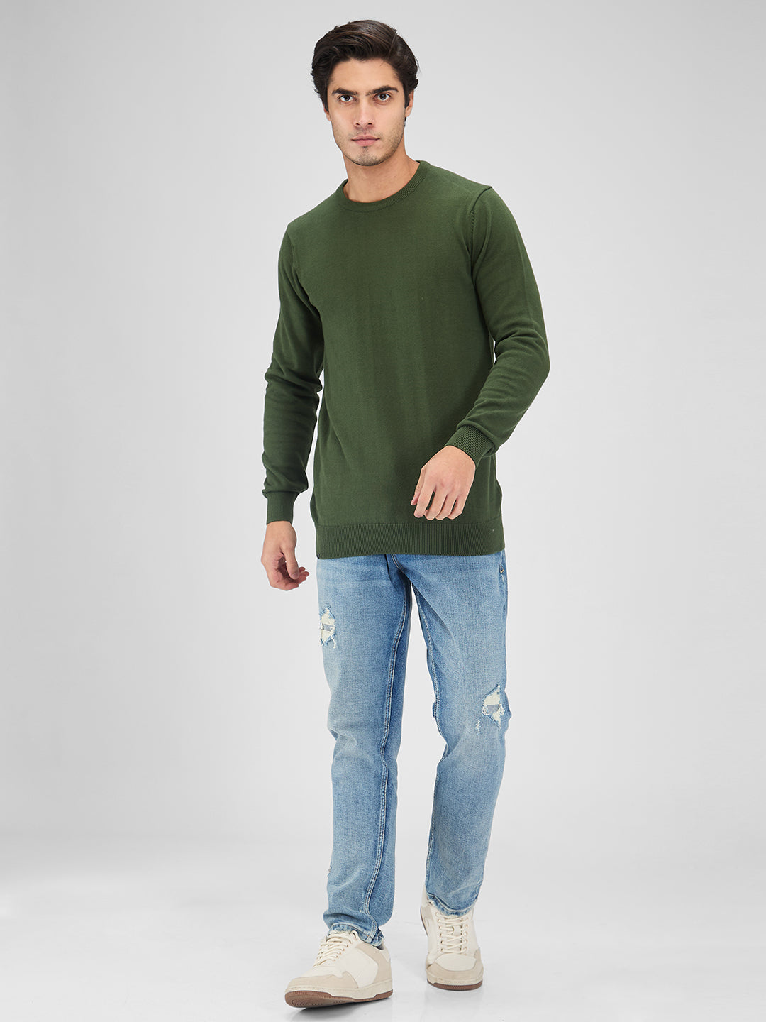 Spykar Men Solid Green Regular Fit Full Sleeves Sweater