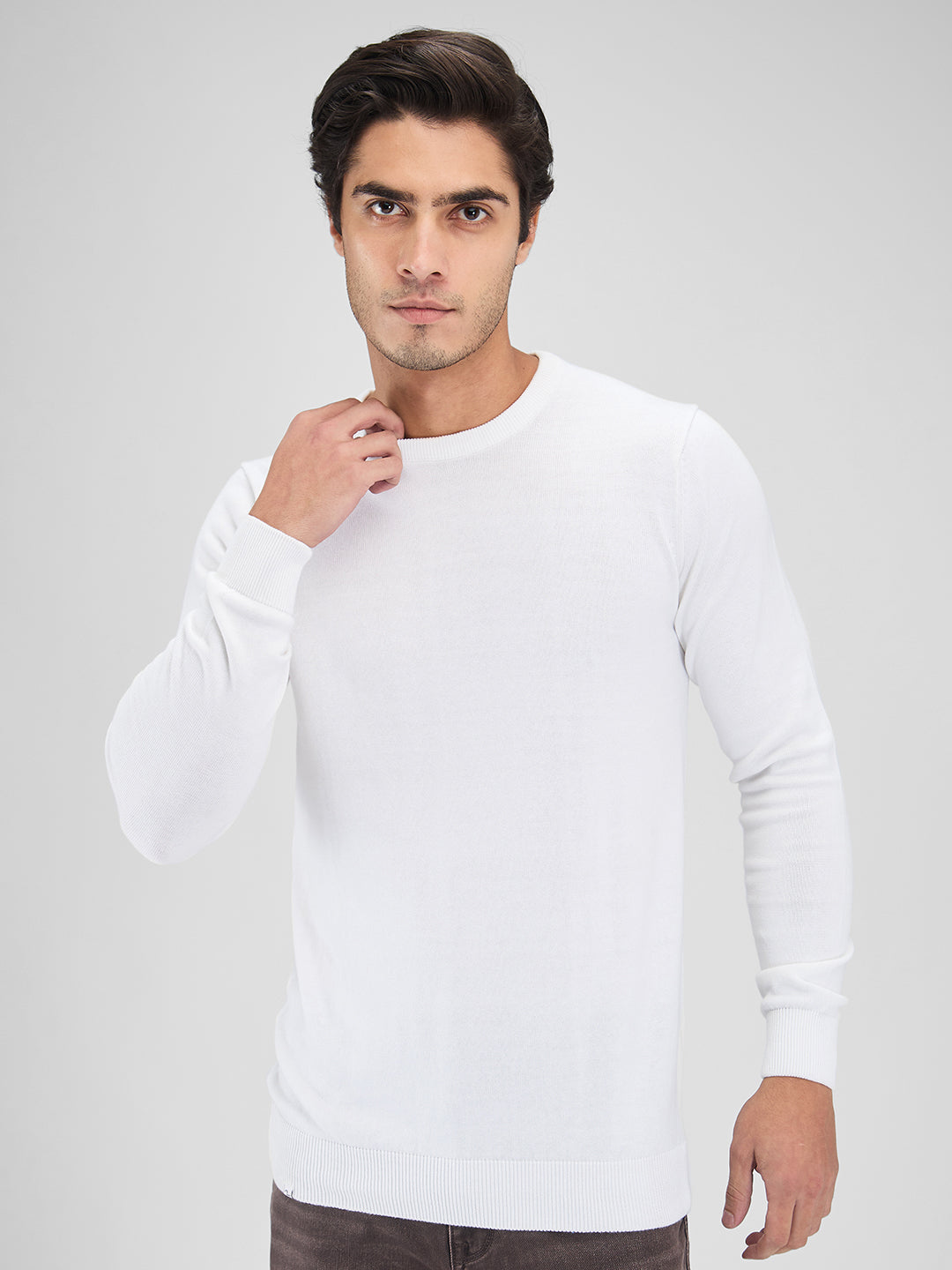 Spykar Men Solid White Regular Fit Full Sleeves Sweater