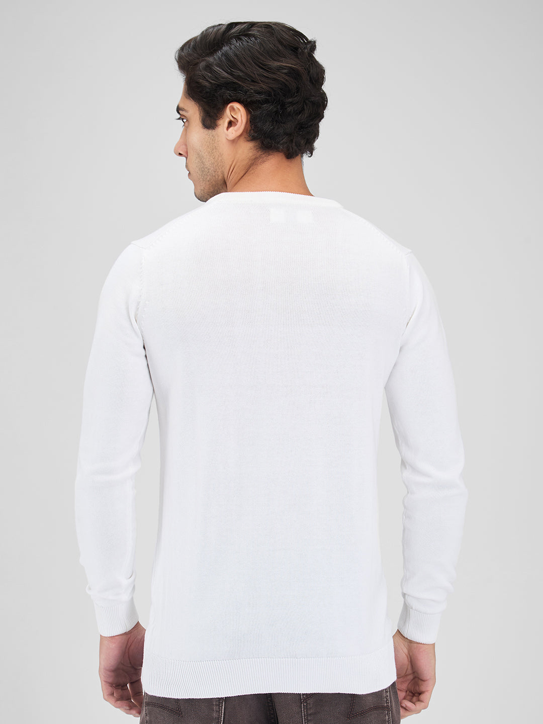 Spykar Men Solid White Regular Fit Full Sleeves Sweater