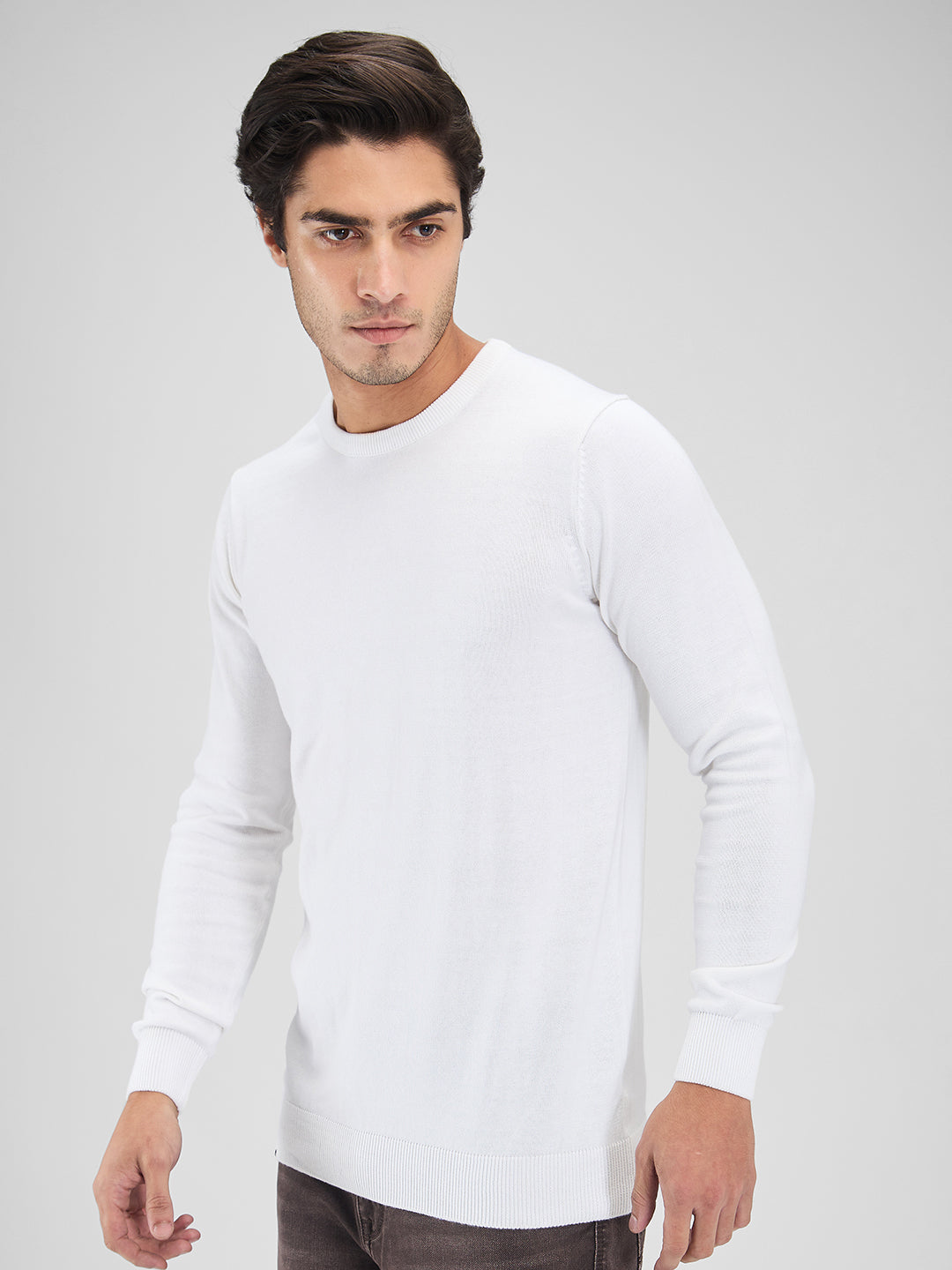 Spykar Men Solid White Regular Fit Full Sleeves Sweater