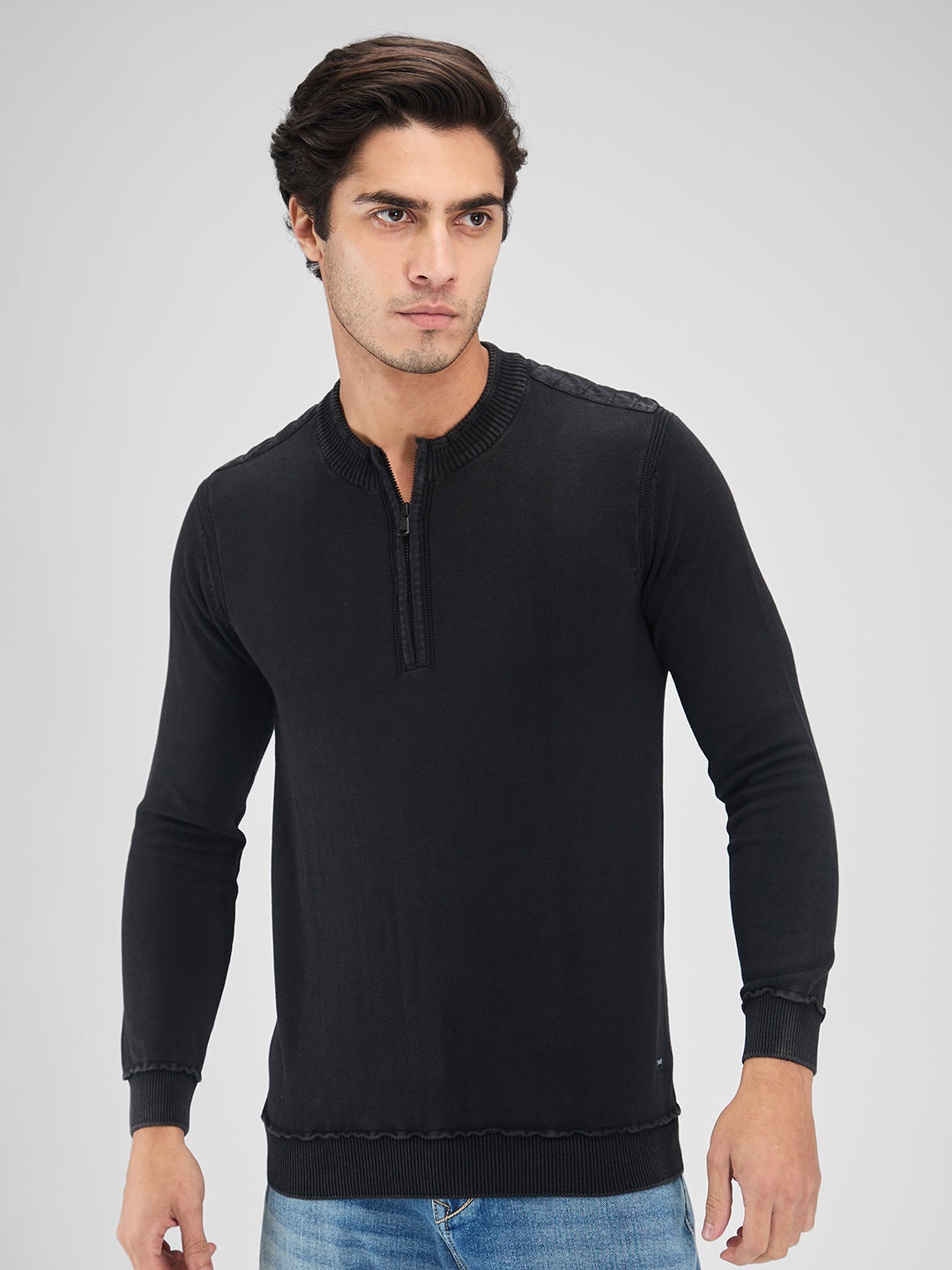 Spykar Men Solid Black Regular Fit Full Sleeves Sweater