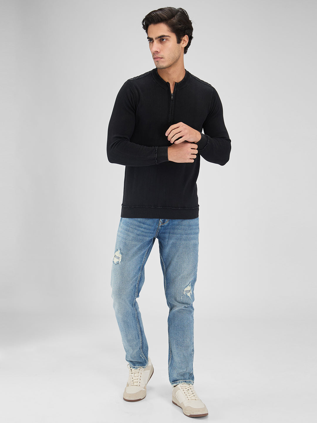 Spykar Men Solid Black Regular Fit Full Sleeves Sweater