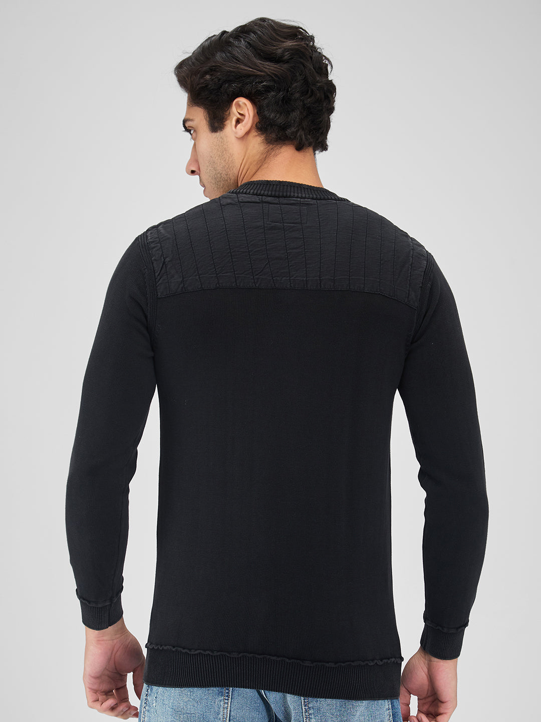 Spykar Men Solid Black Regular Fit Full Sleeves Sweater