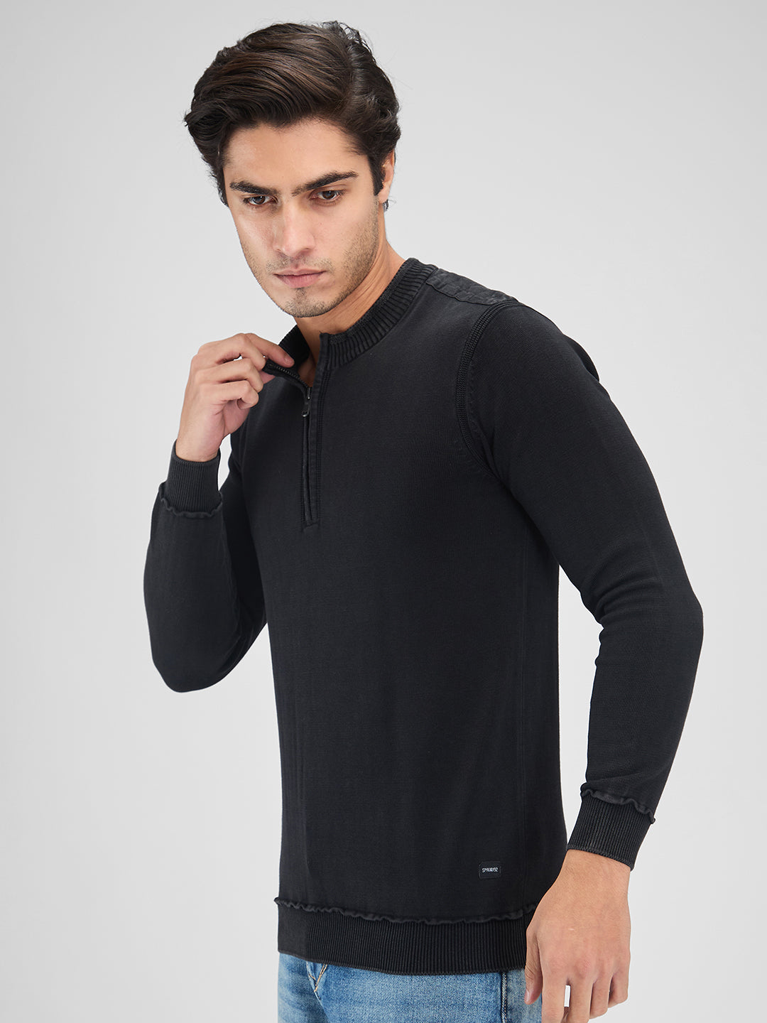 Spykar Men Solid Black Regular Fit Full Sleeves Sweater