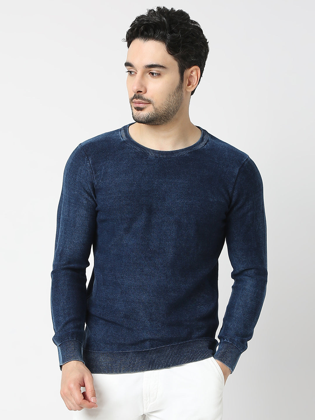 Spykar Indigo Blue Round Neck Long Sleeves Sweater For Men